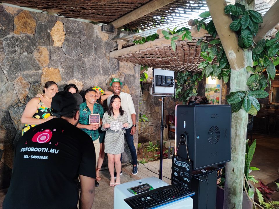 A full setup at an outdoor venue — booth, lighting and backdrop — Fotobooth.mu, Mauritius