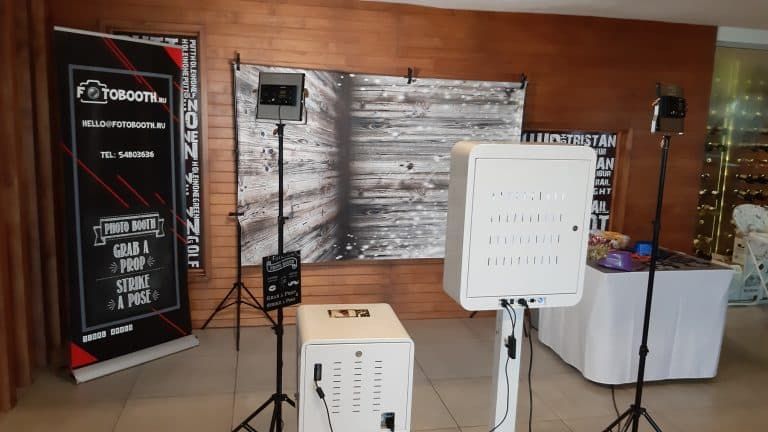 Booth, backdrop and prop stand ready before an event — Fotobooth.mu, Mauritius
